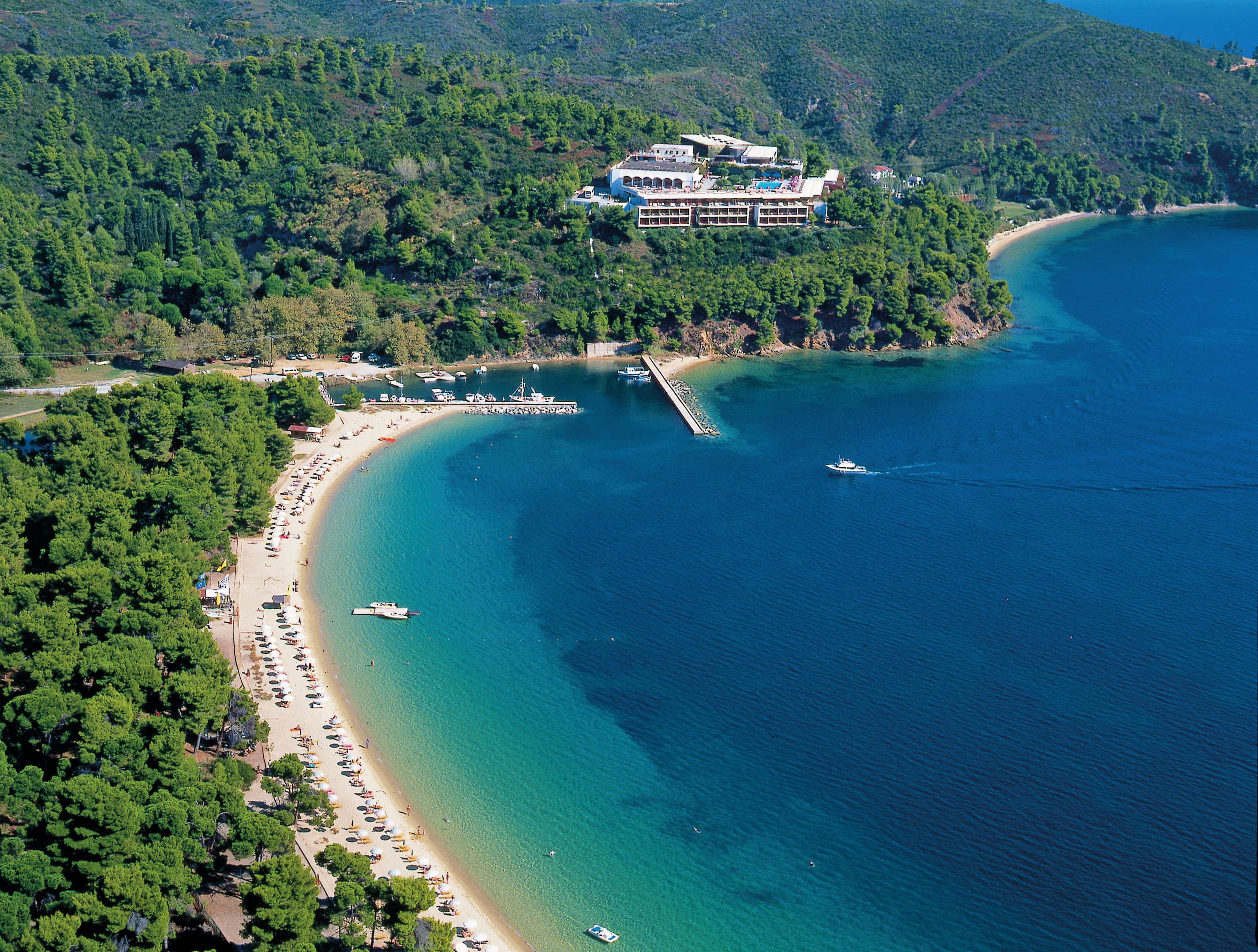 Aerial view of Skiathos bay with turquoise water